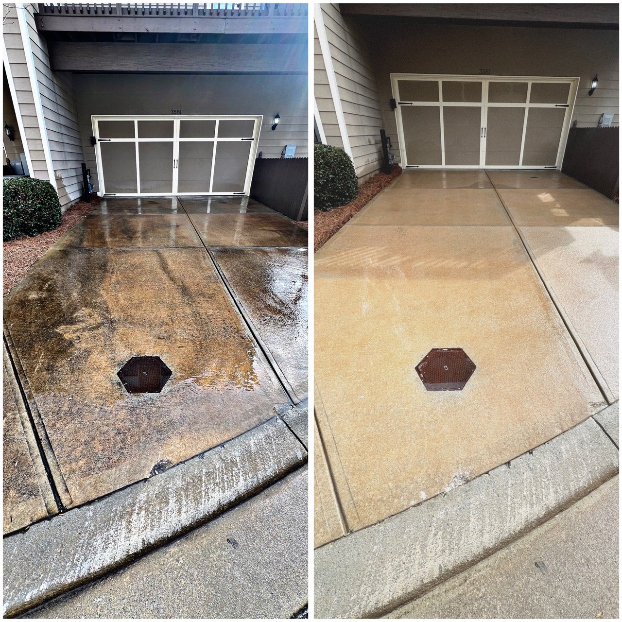 Side-by-side comparison of a concrete driveway before and after cleaning, showing a darker, dirtier surface on the left and a cleaner, lighter surface on the right.