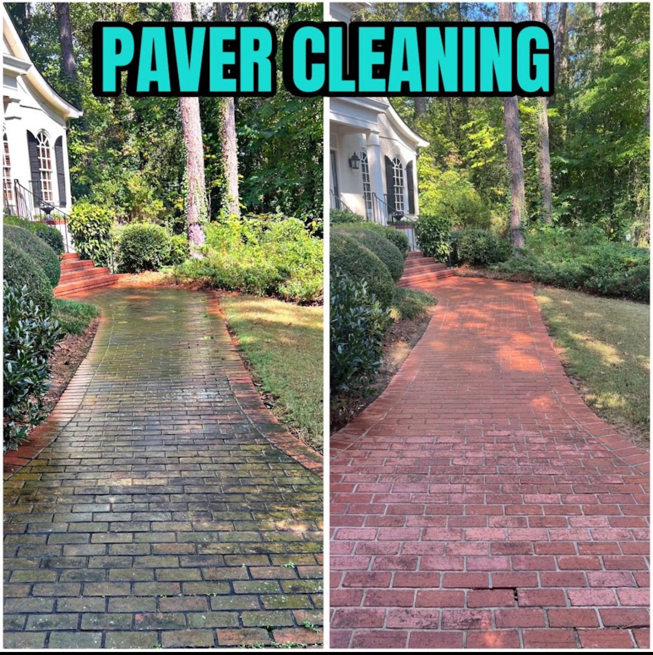 Side-by-side comparison of a brick paver walkway before and after cleaning, showing a clean, bright red brick surface on the right and a dirty, mossy brick surface on the left.