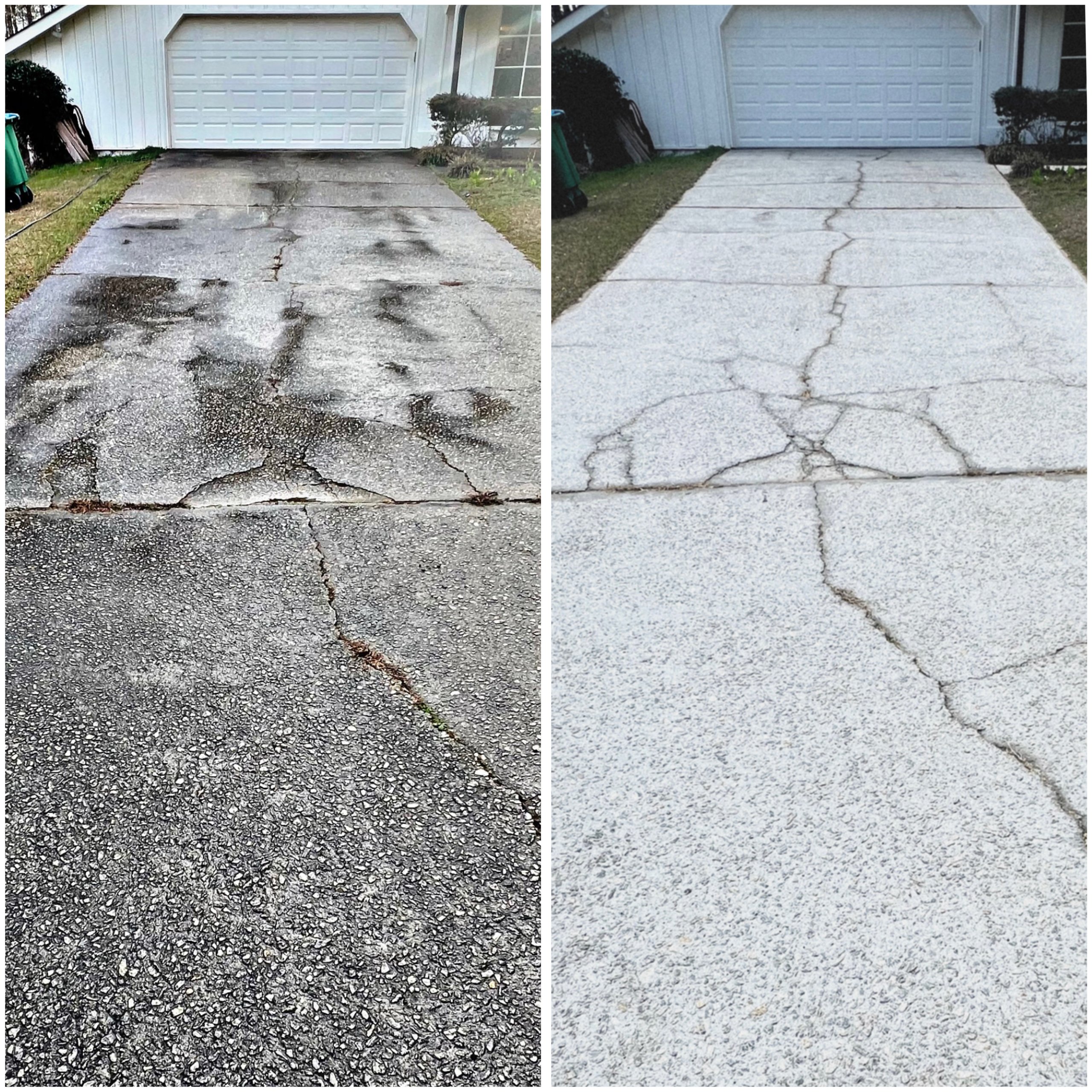 Side-by-side comparison of a cracked concrete driveway before and after cleaning or resurfacing.