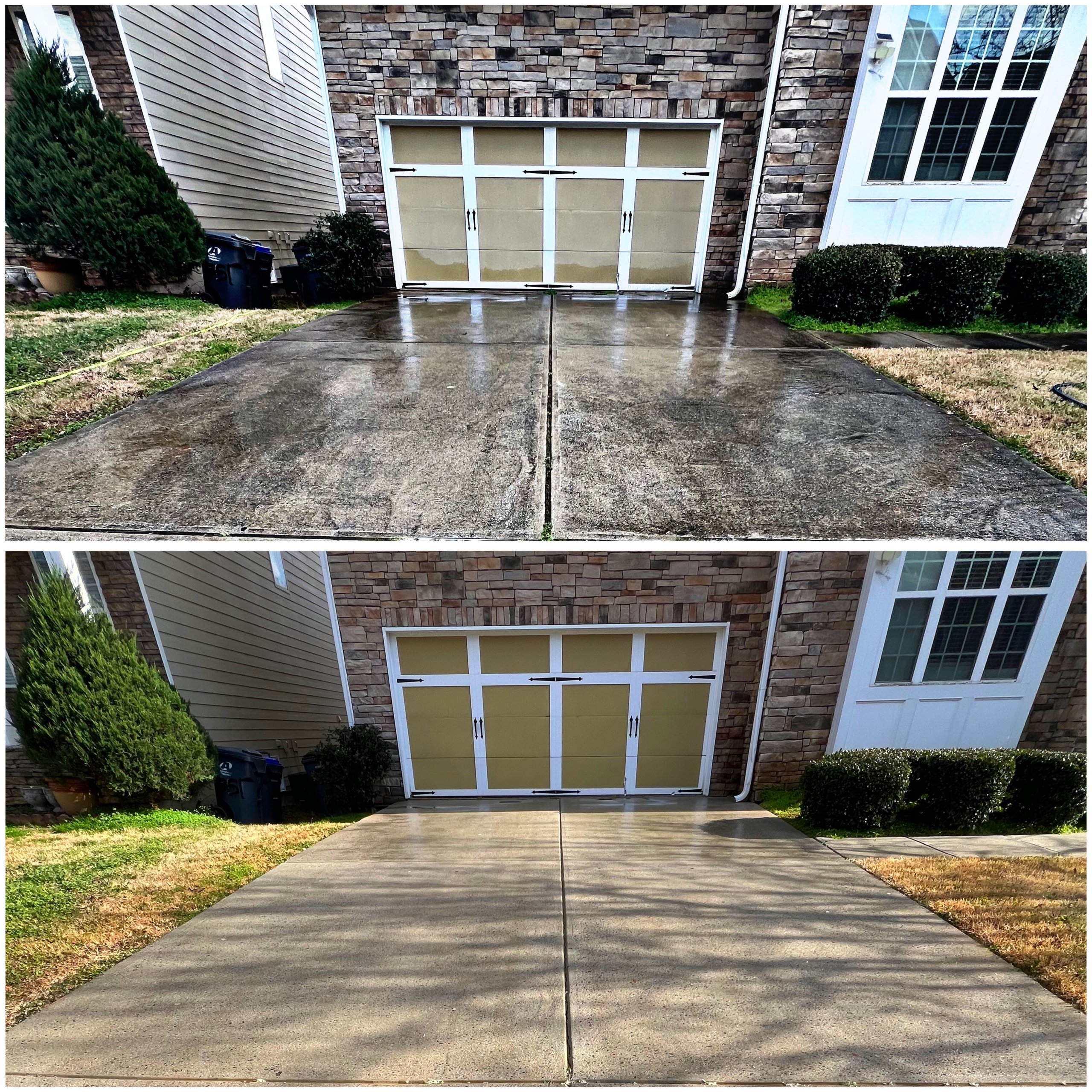 Before and after images of a driveway and garage door; the top half shows a dirty driveway and garage door, and the bottom half shows the same driveway and garage door clean and bright.