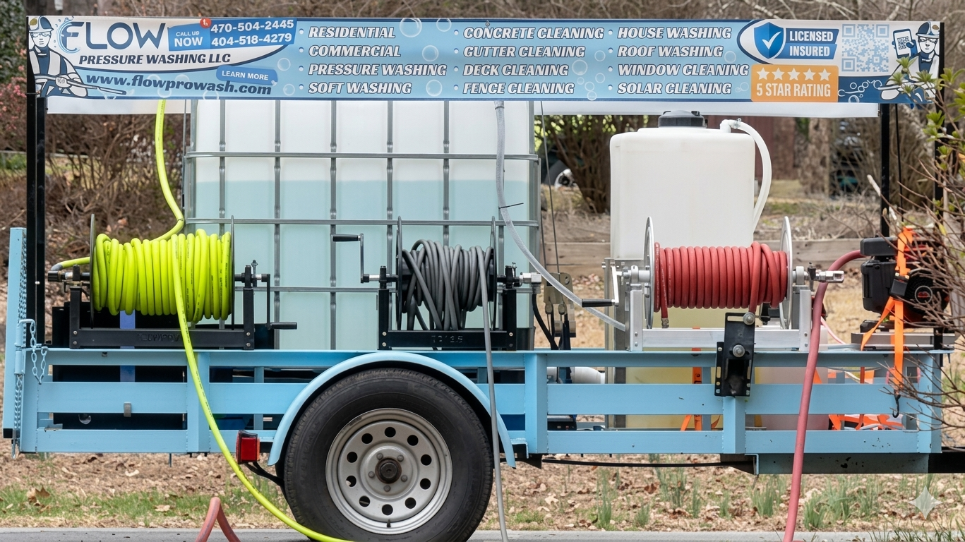 Pressure washing trailer with blue frame, three hose reels with yellow, gray, and red hoses, large water tanks, and advertising banner for Flow Pressure Washing LLC listing cleaning services.