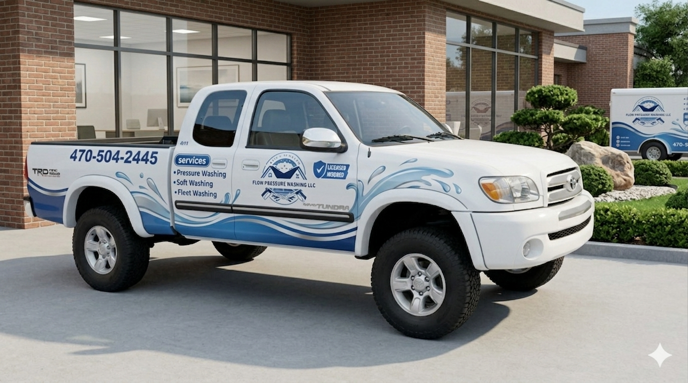 White Toyota Tundra pickup truck with blue water-themed graphics advertising Flow Pressure Washing LLC and its services, parked in front of a brick building.