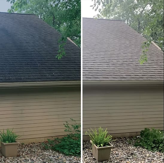 Side-by-side comparison of a house roof before and after cleaning, showing a dark, dirty roof on the left and a clean, light gray roof on the right.