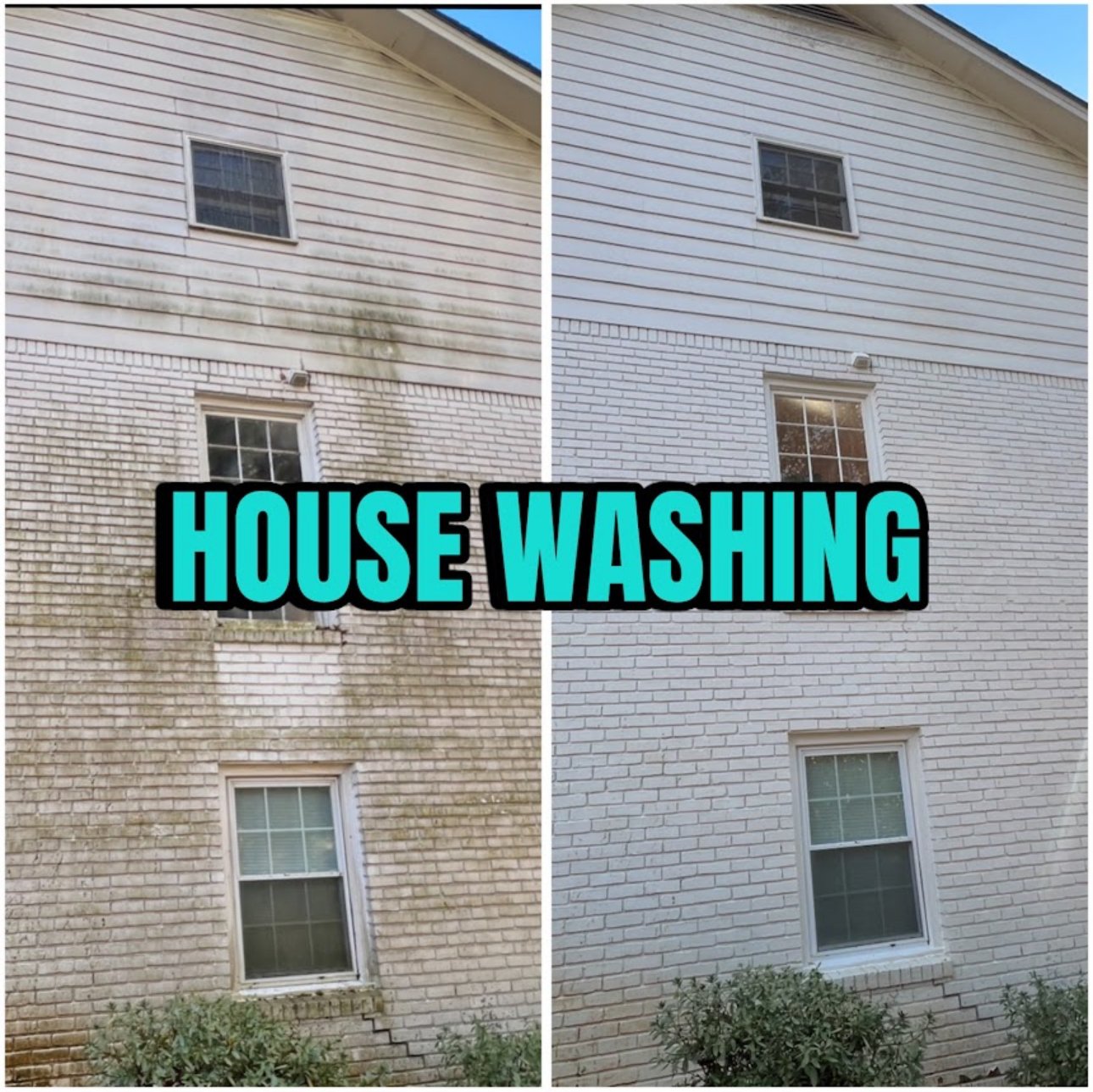 Side of a house showing before and after house washing, with the left side covered in dirt and grime and the right side clean.