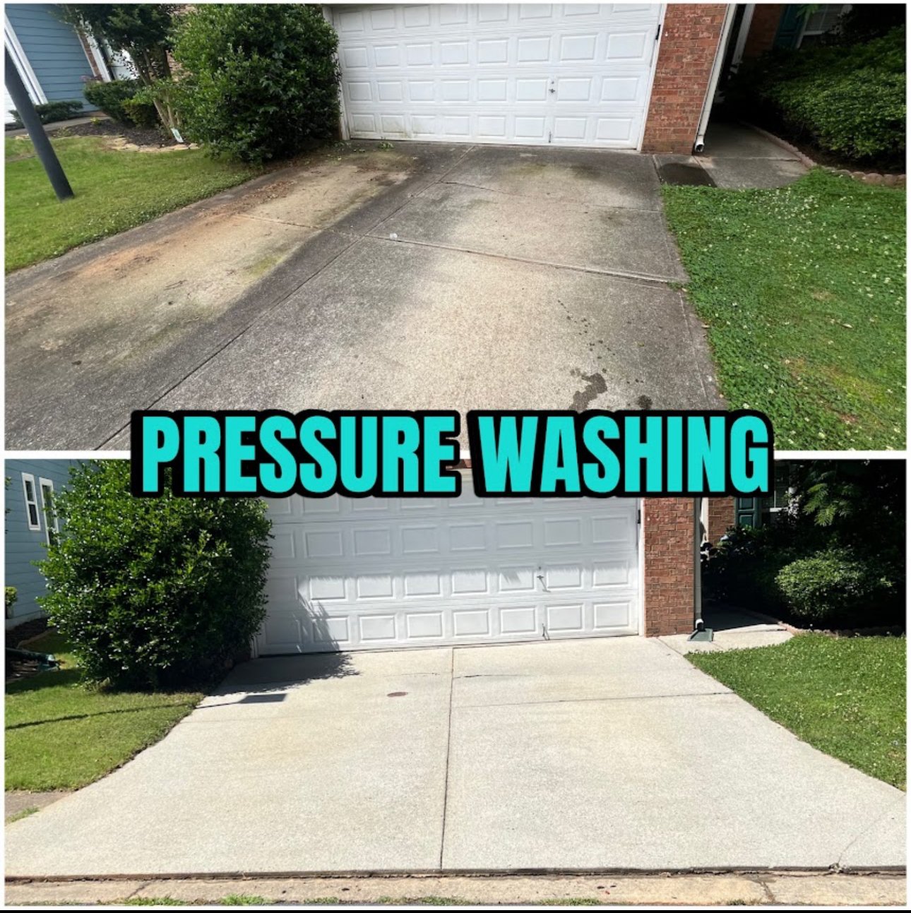 Before and after photos of a concrete driveway in front of a white garage door showing the difference after pressure washing.