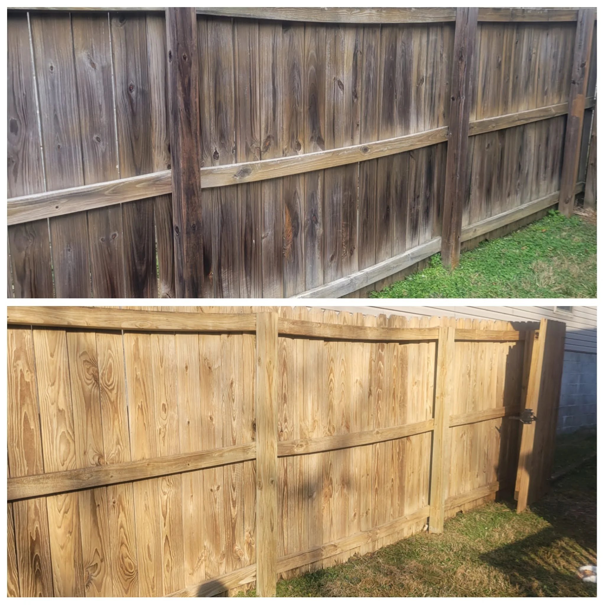 Comparison of a weathered, darkened wooden fence above and a clean, restored wooden fence below on grass lawn.