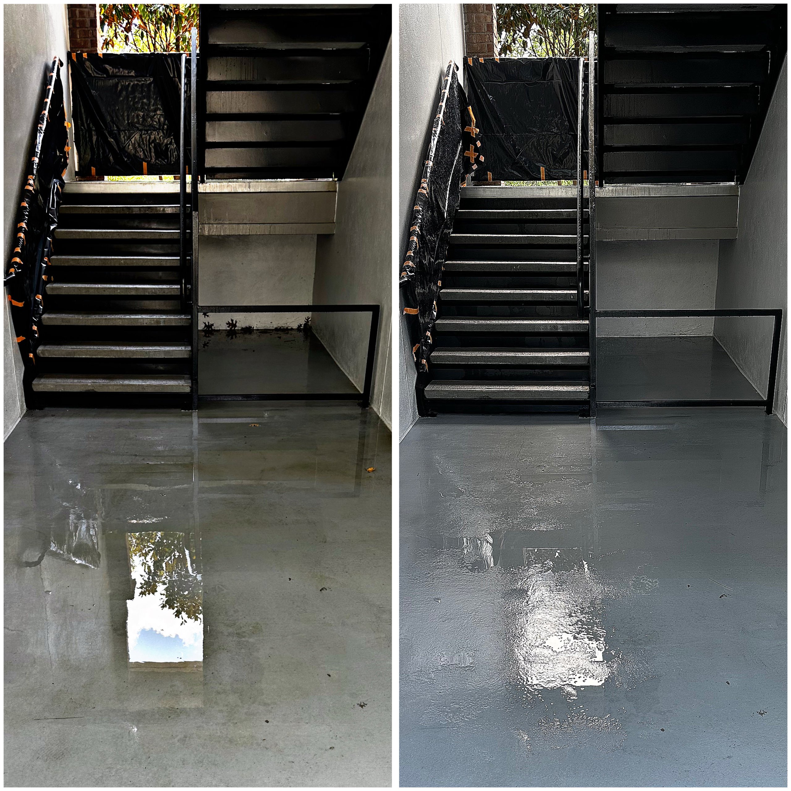 Side-by-side photos showing a concrete stairwell floor before and after cleaning or resurfacing, with the left side dull and dirty and the right side clean and shiny.