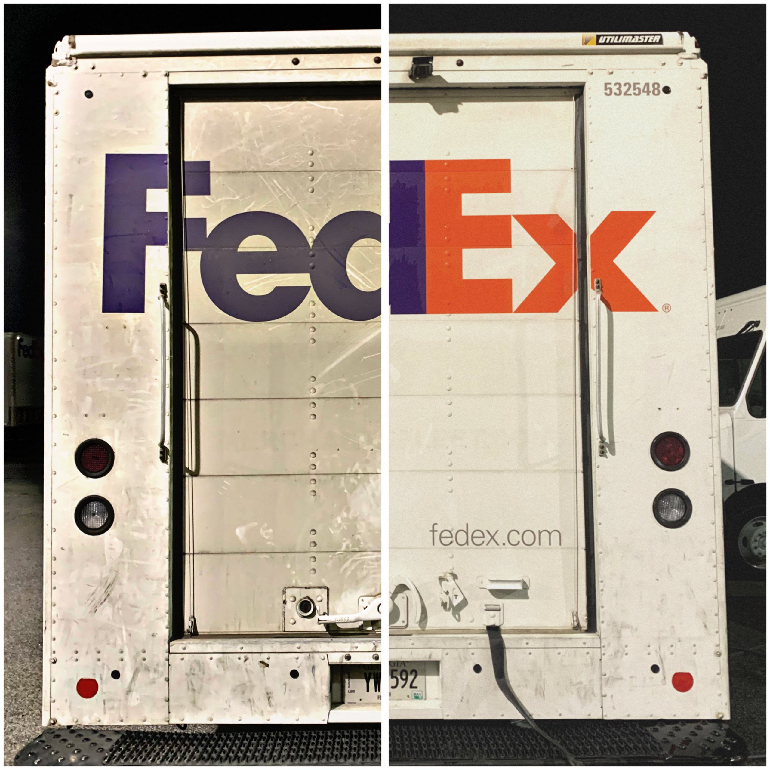 Back of a FedEx delivery truck with the FedEx logo split in two colors: purple on the left and orange on the right, showing tail lights and license plate.