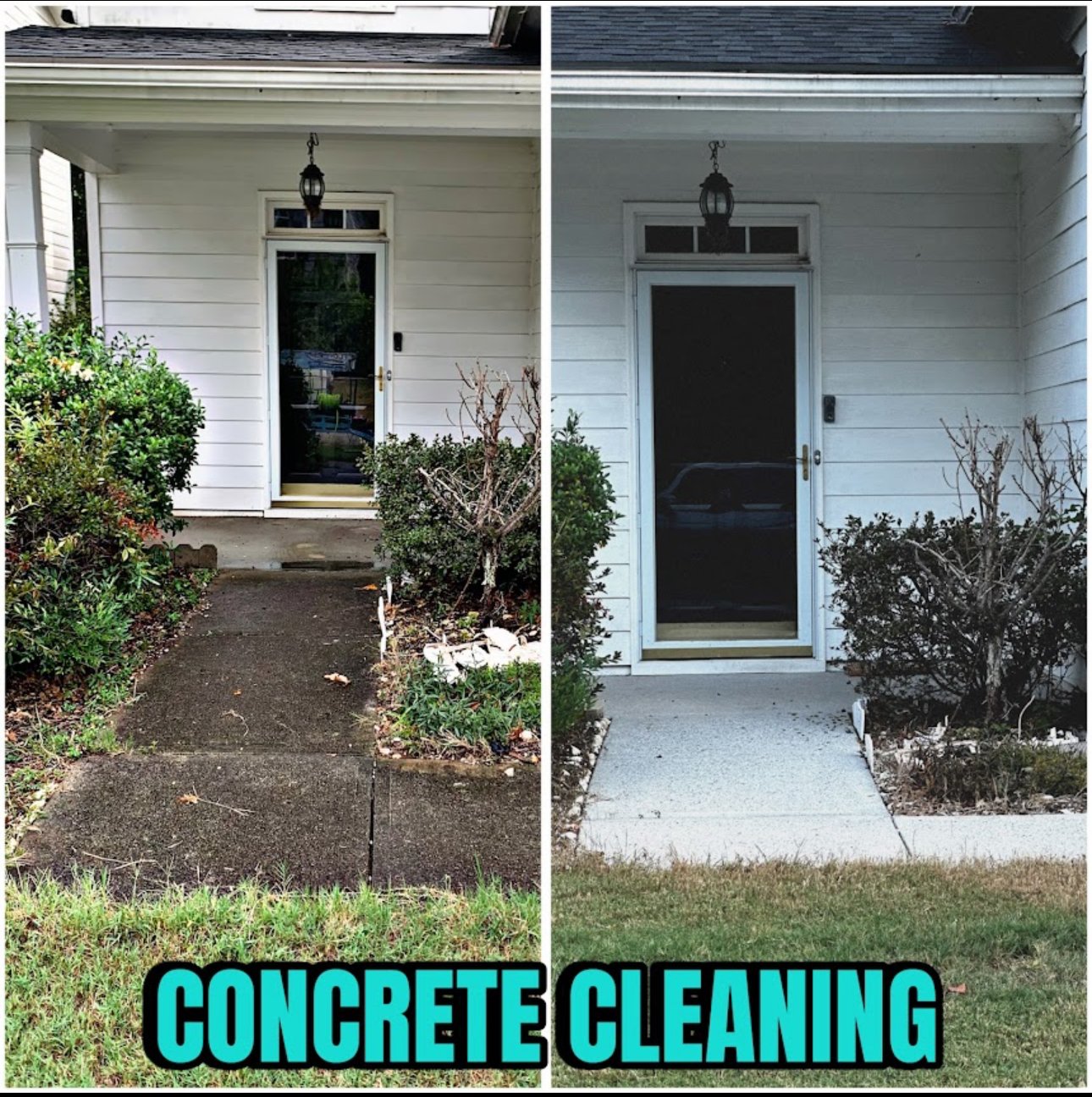 Side-by-side before and after images showing a concrete walkway cleaned to remove dirt and grime in front of a white house entrance with shrubs on both sides.