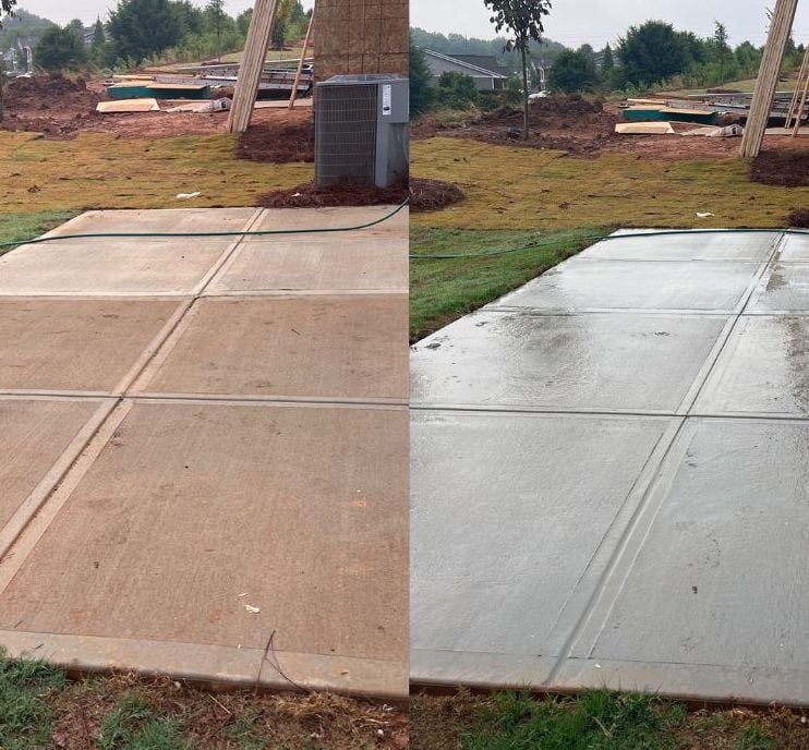 Side-by-side image showing a concrete driveway on the left that is dry and on the right that is wet and reflective.