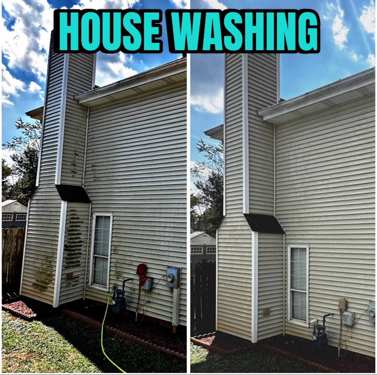 Side of a house showing before and after power washing with visible dirt and mold on the left and a clean surface on the right under a partly cloudy sky.