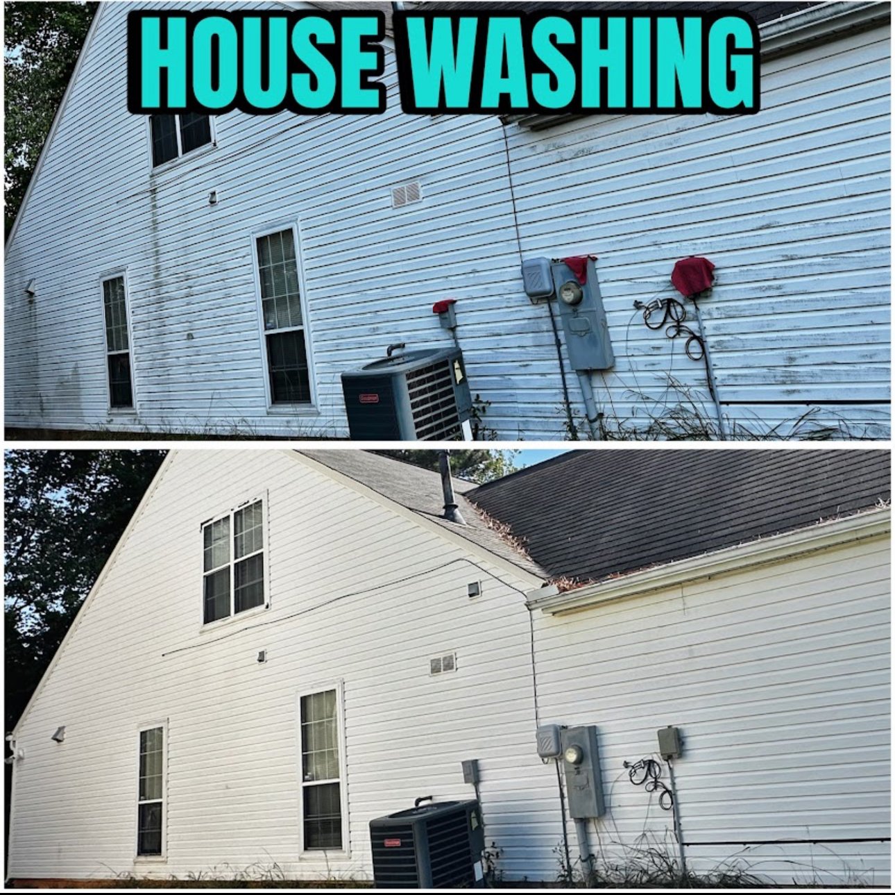 Before and after photos showing the side of a house with dirty, stained white siding in the top image and clean, bright white siding after house washing in the bottom image.