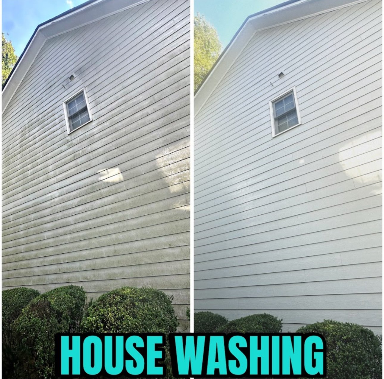 Side-by-side comparison of a house wall before and after washing, showing dirty siding on the left and clean white siding on the right, with bushes at the bottom and text 'HOUSE WASHING'.