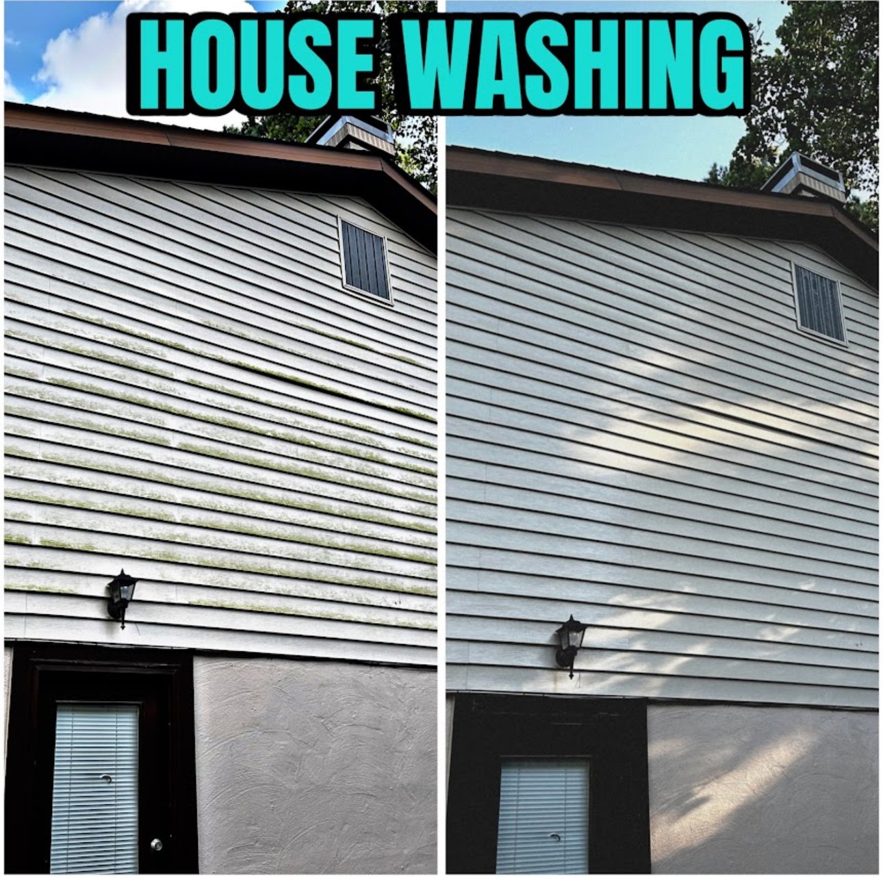 Side-by-side comparison of a house exterior before and after washing, showing dirty siding with green stains on the left and clean siding on the right.