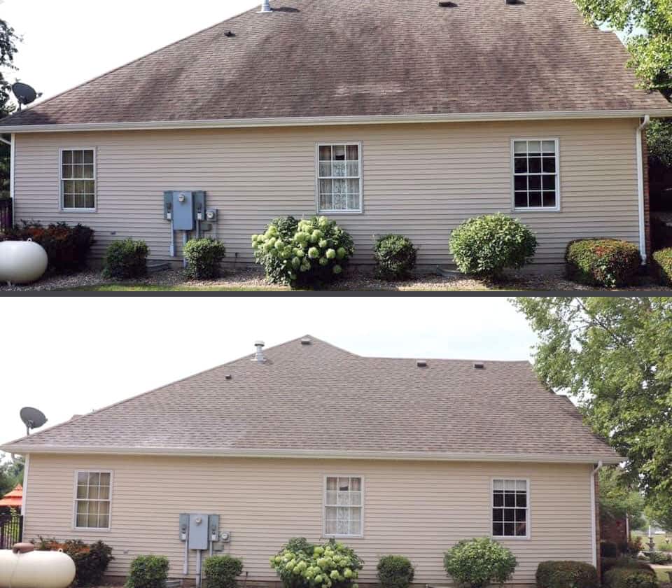 Side view of a beige house with three windows and a row of bushes in front, shown in two images highlighting the roof and plants.