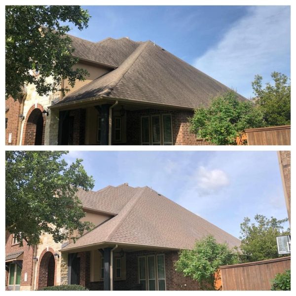Two side-by-side images of a house with a steep brown shingle roof, a covered porch, and surrounding trees under a blue sky.