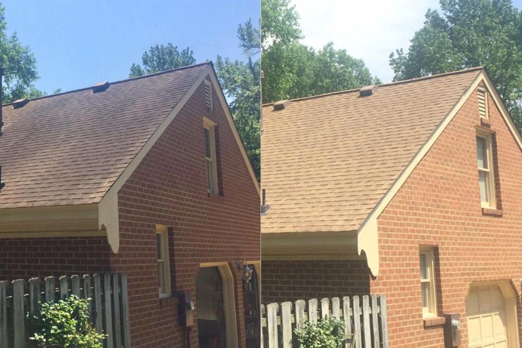 Side-by-side comparison of a brick house's roof before and after cleaning, showing a darker dirty roof on the left and a lighter clean roof on the right.