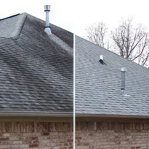Side-by-side comparison of a house roof before and after cleaning, showing a dark, moss-covered left side and a clean, bright right side.