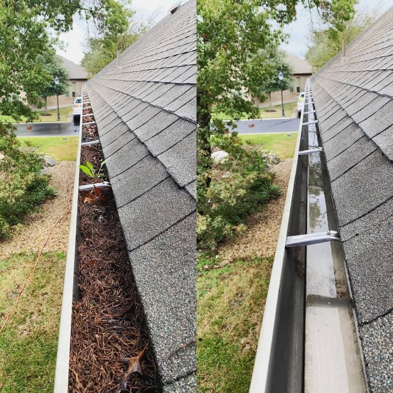 Side-by-side comparison of a house roof gutter filled with debris and the same gutter cleaned and cleared of debris.
