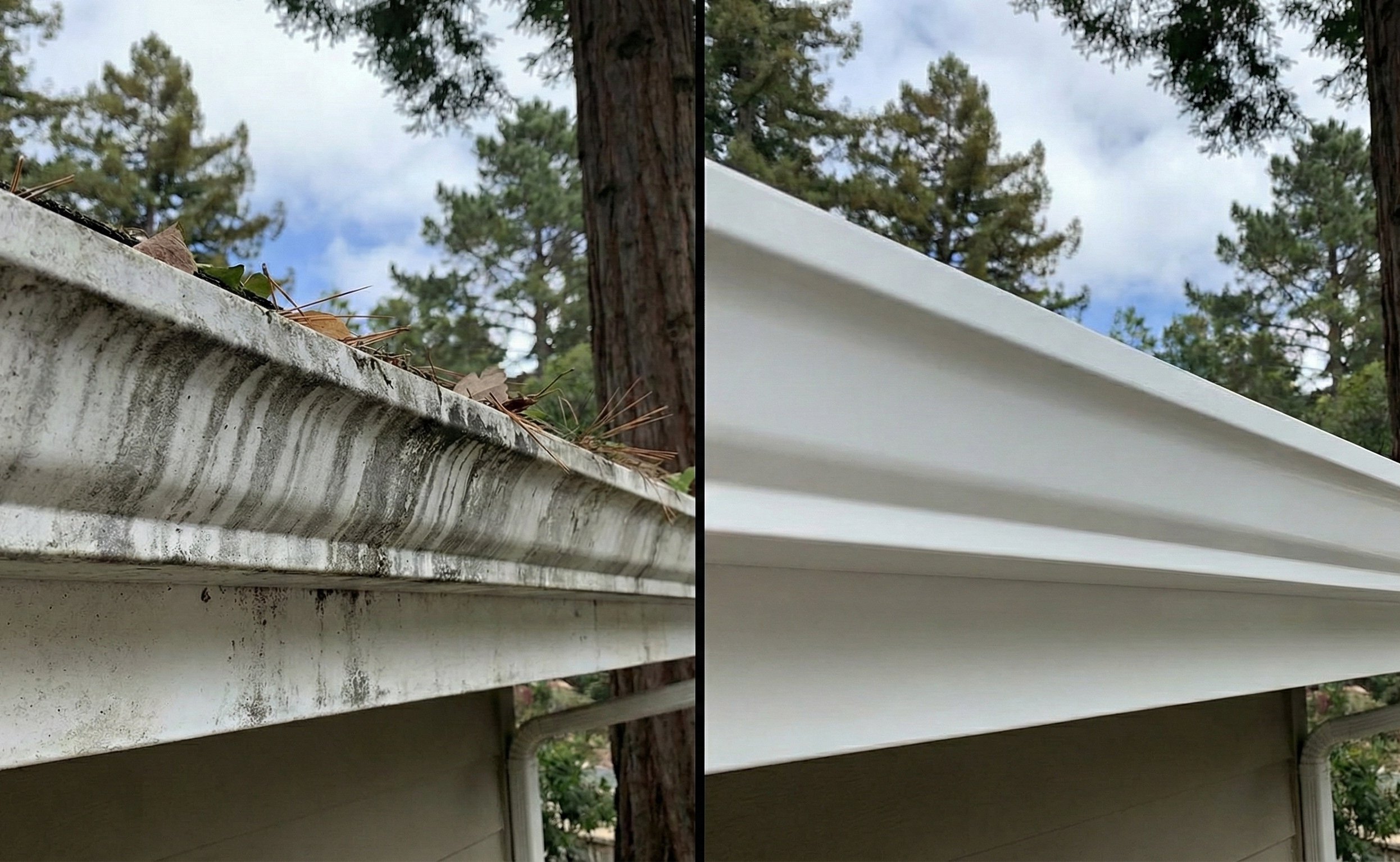 Side-by-side comparison of a dirty gutter filled with leaves and grime versus a clean white gutter.