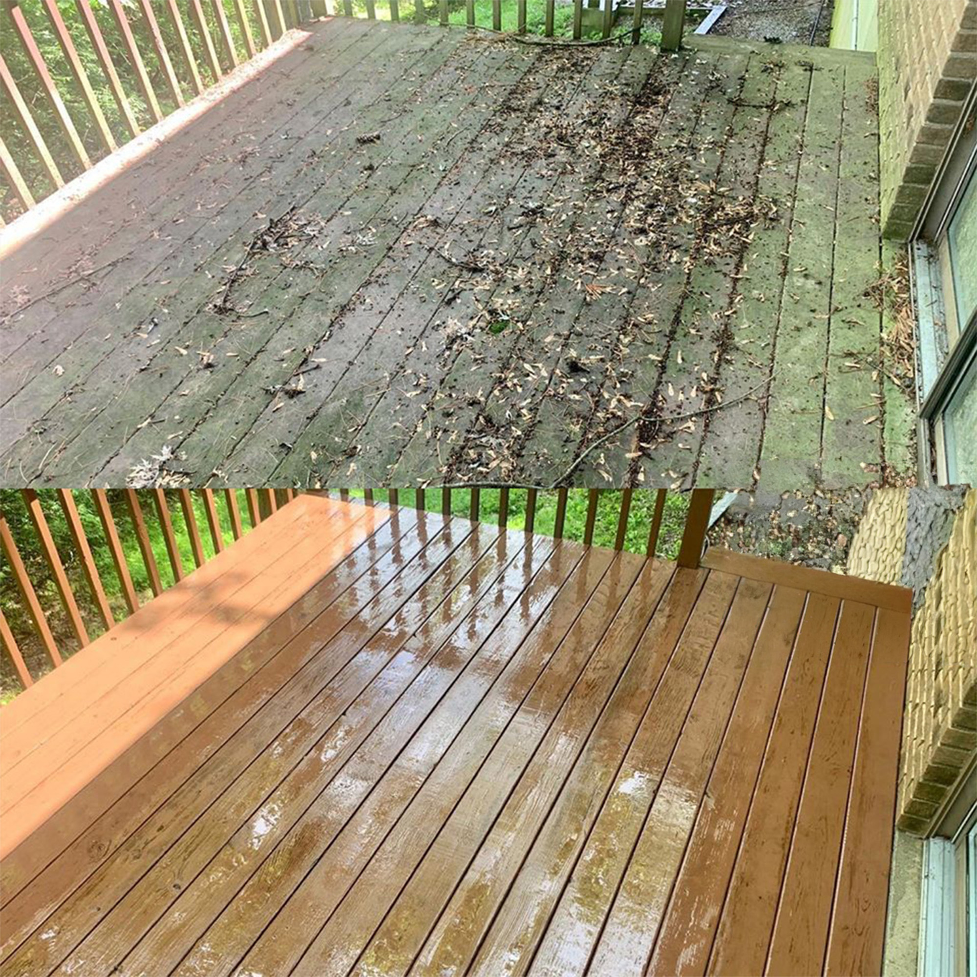 Side-by-side comparison of a wooden deck before cleaning, covered with dirt and leaves, and after cleaning, looking wet and restored.