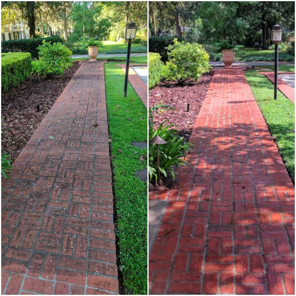 Side-by-side comparison of a brick pathway before and after cleaning, showing dirt and debris removed in the after image.
