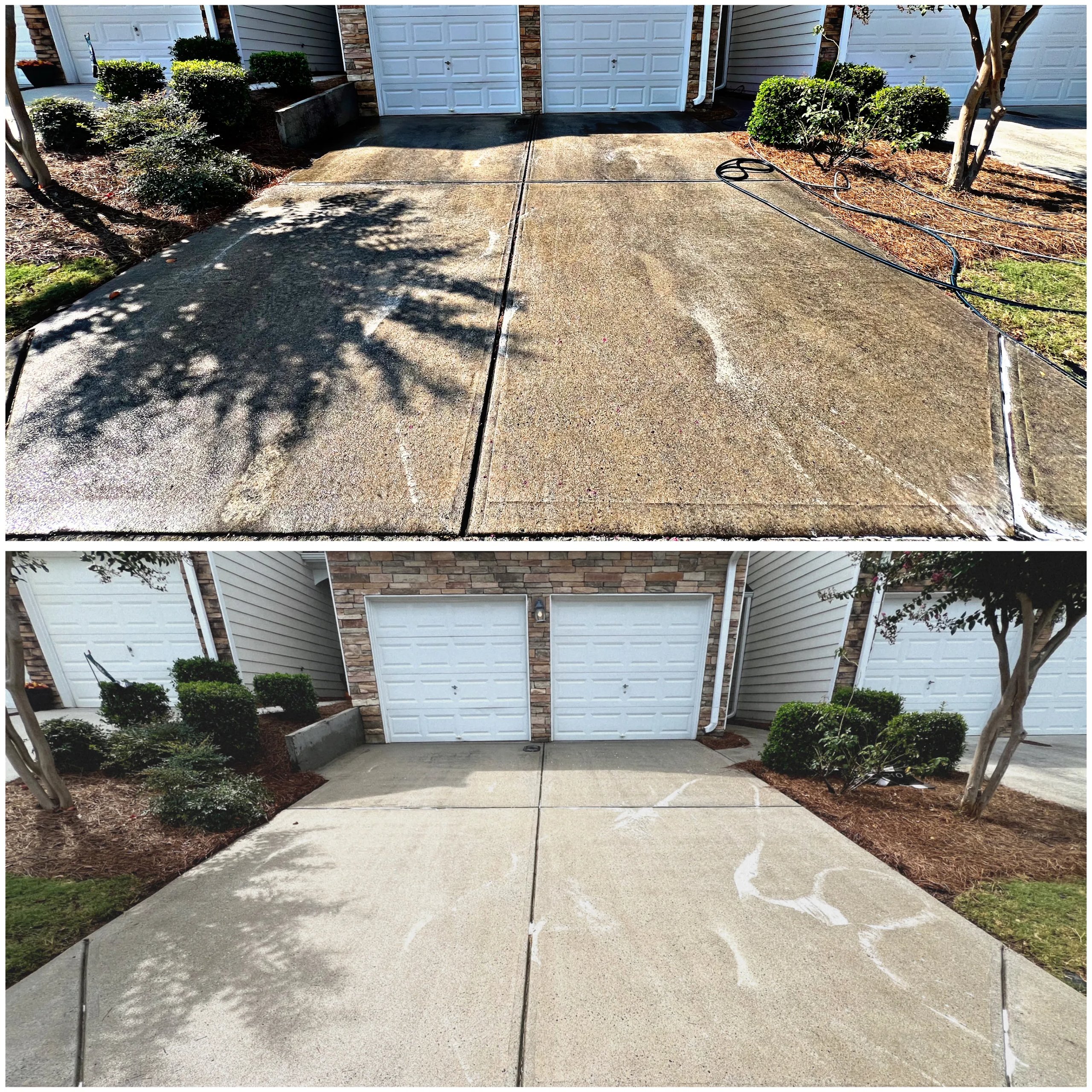 Two side-by-side images showing a residential concrete driveway before and after power washing, highlighting the cleaner surface in the lower image.