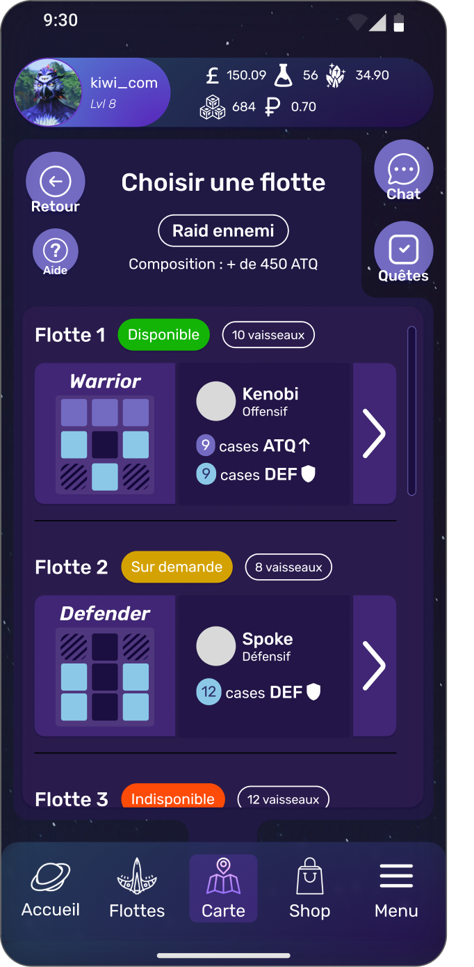 Interface de sélection de flottes de vaisseaux. 