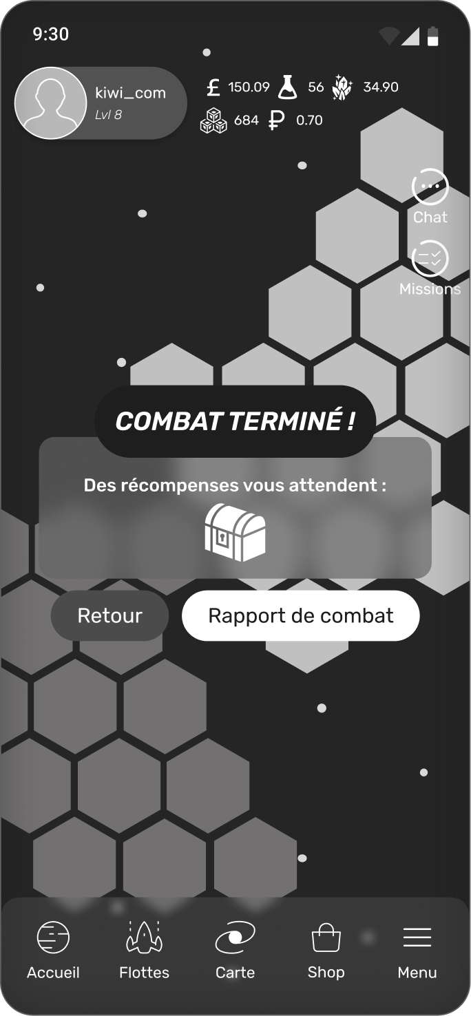 Wireframe fenêtre de récompense après combat terminé