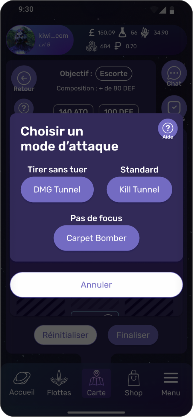 Fenêtre de sélection de mode d'attaque