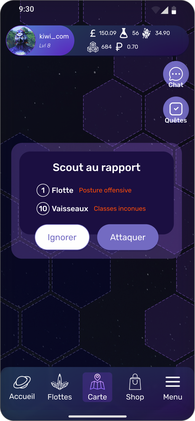 Fenêtre de rapport du vaisseau éclaireur