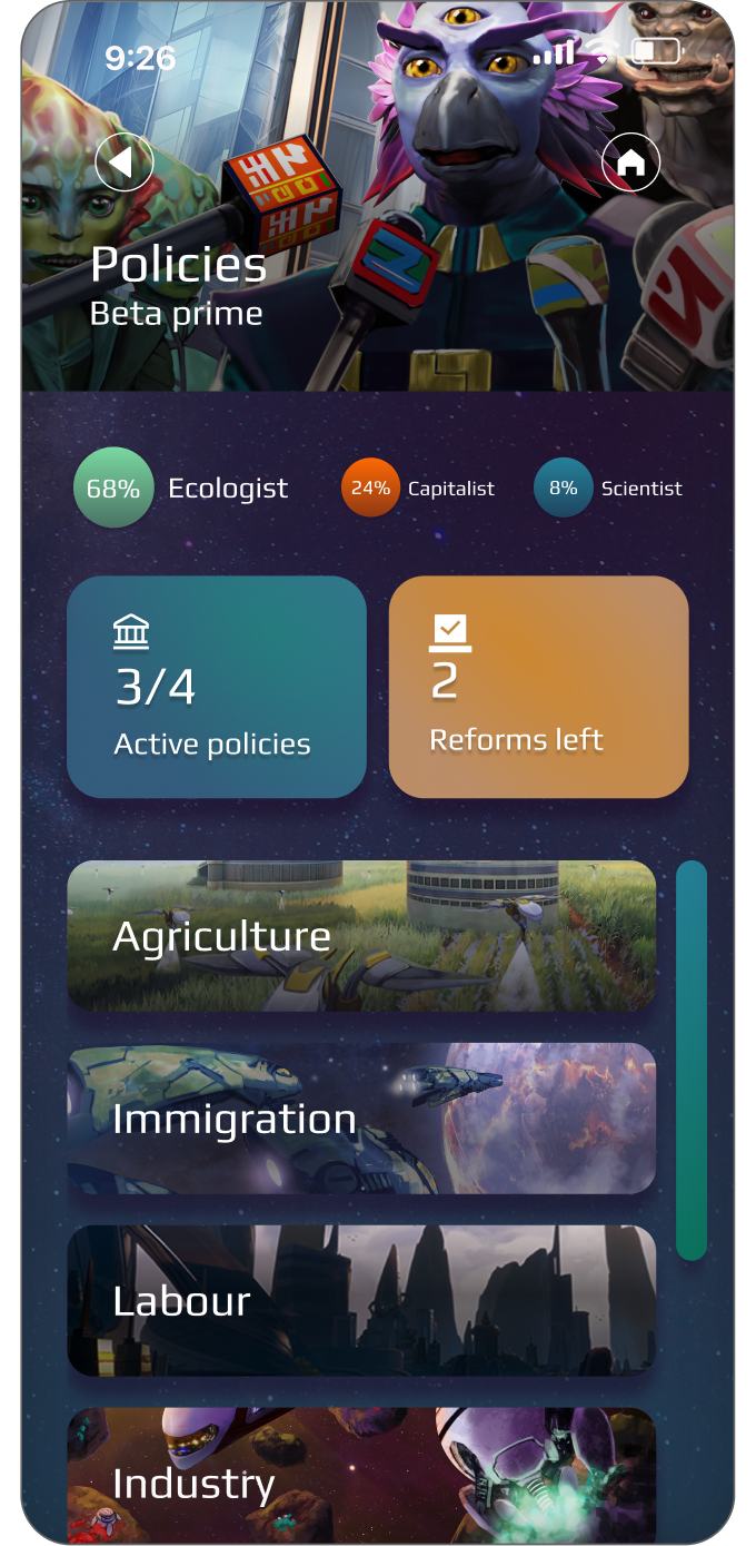 Ecran de gestion politique avec boutons de vote et cartes de contenu