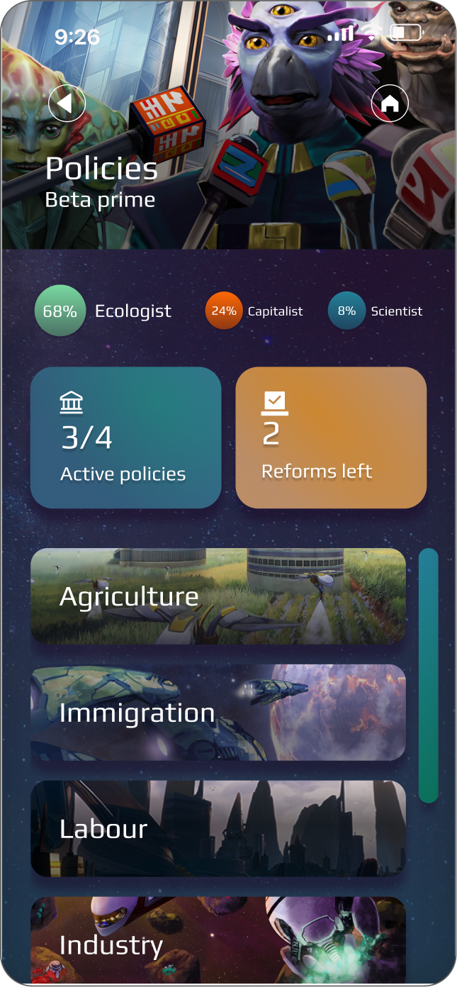 Ecran de gestion politique avec boutons de vote et cartes de contenu