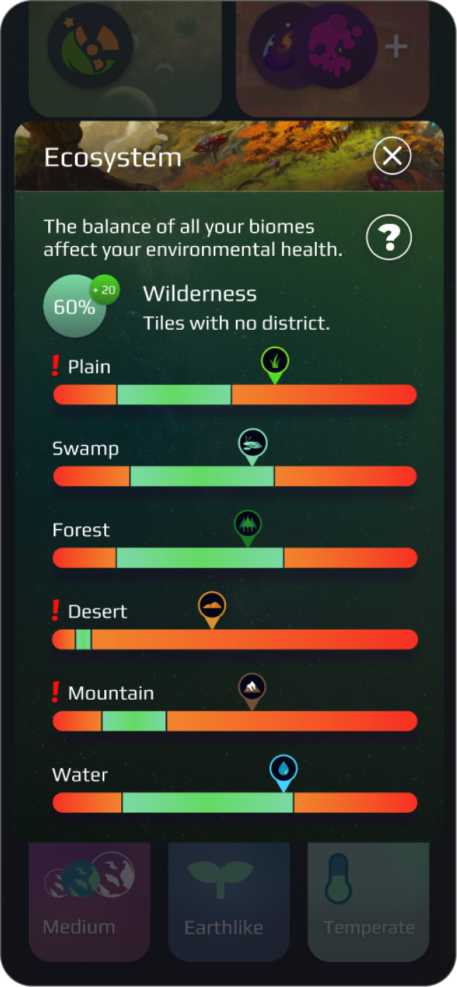 Fenêtre détaillée de répartition des biomes avec plusieurs jauges