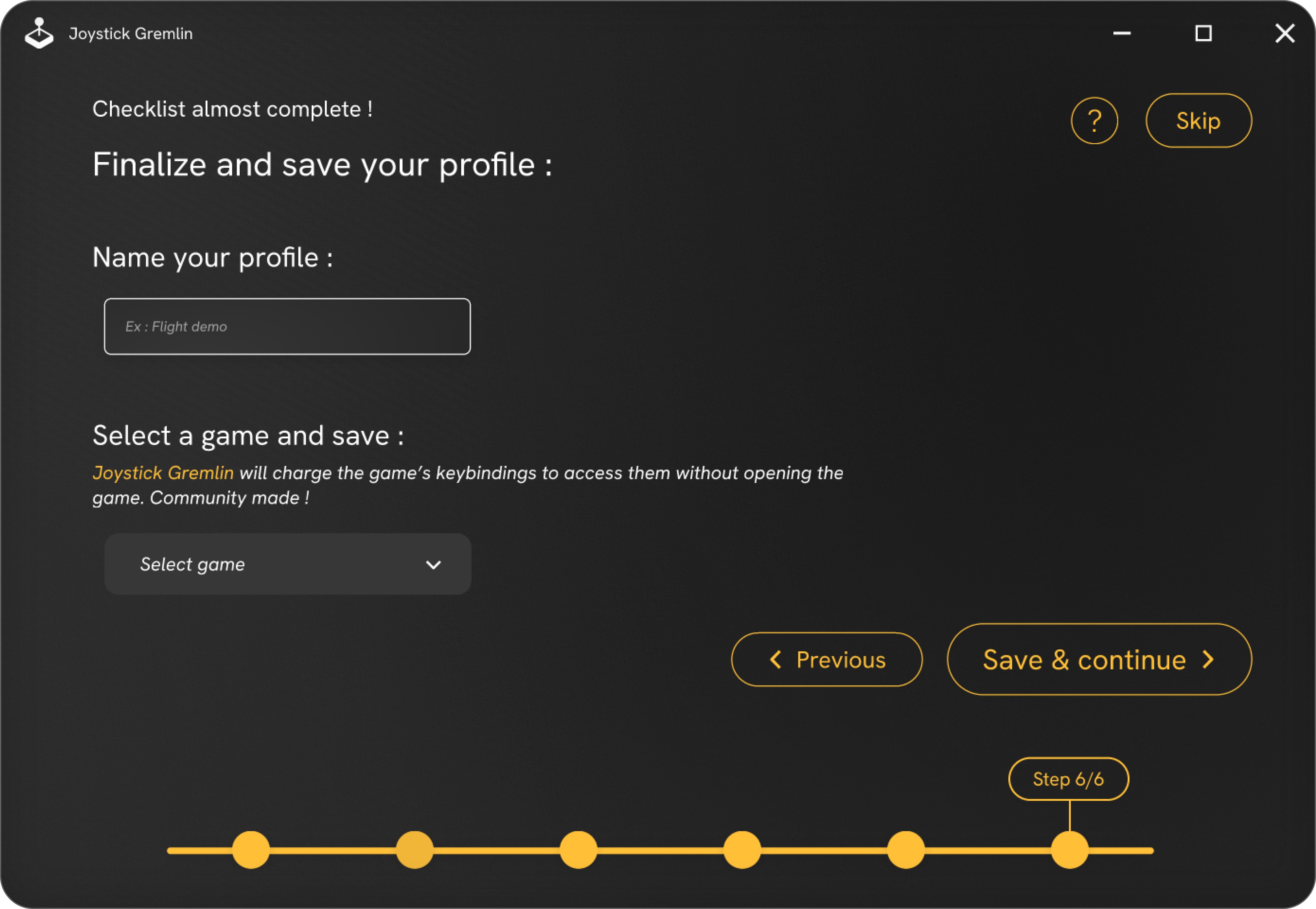 Dernière étape de l'onboarding nom et sauvegarde du profil