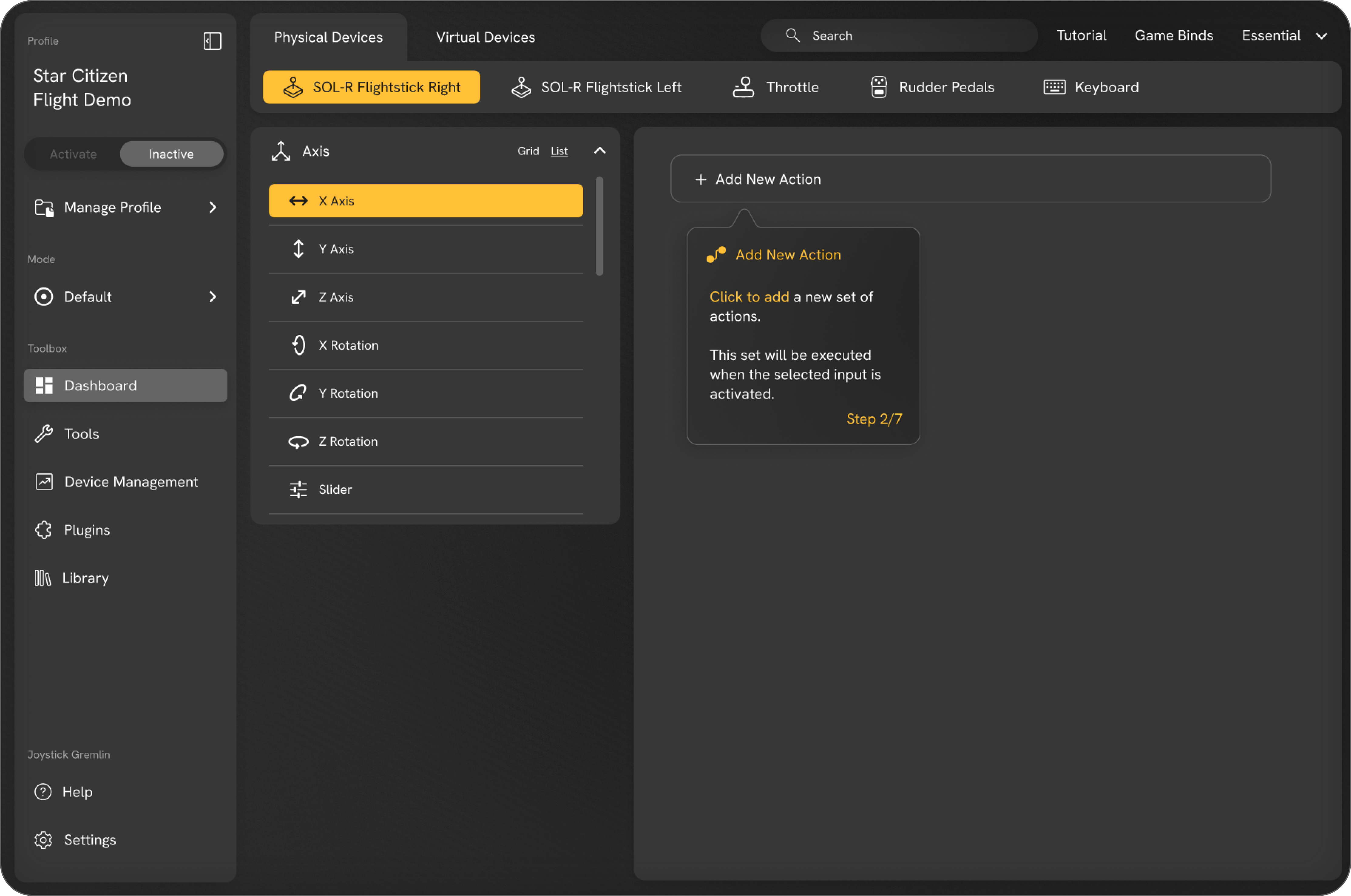 Tutoriel axes de vol configuration d'un nouvelle action