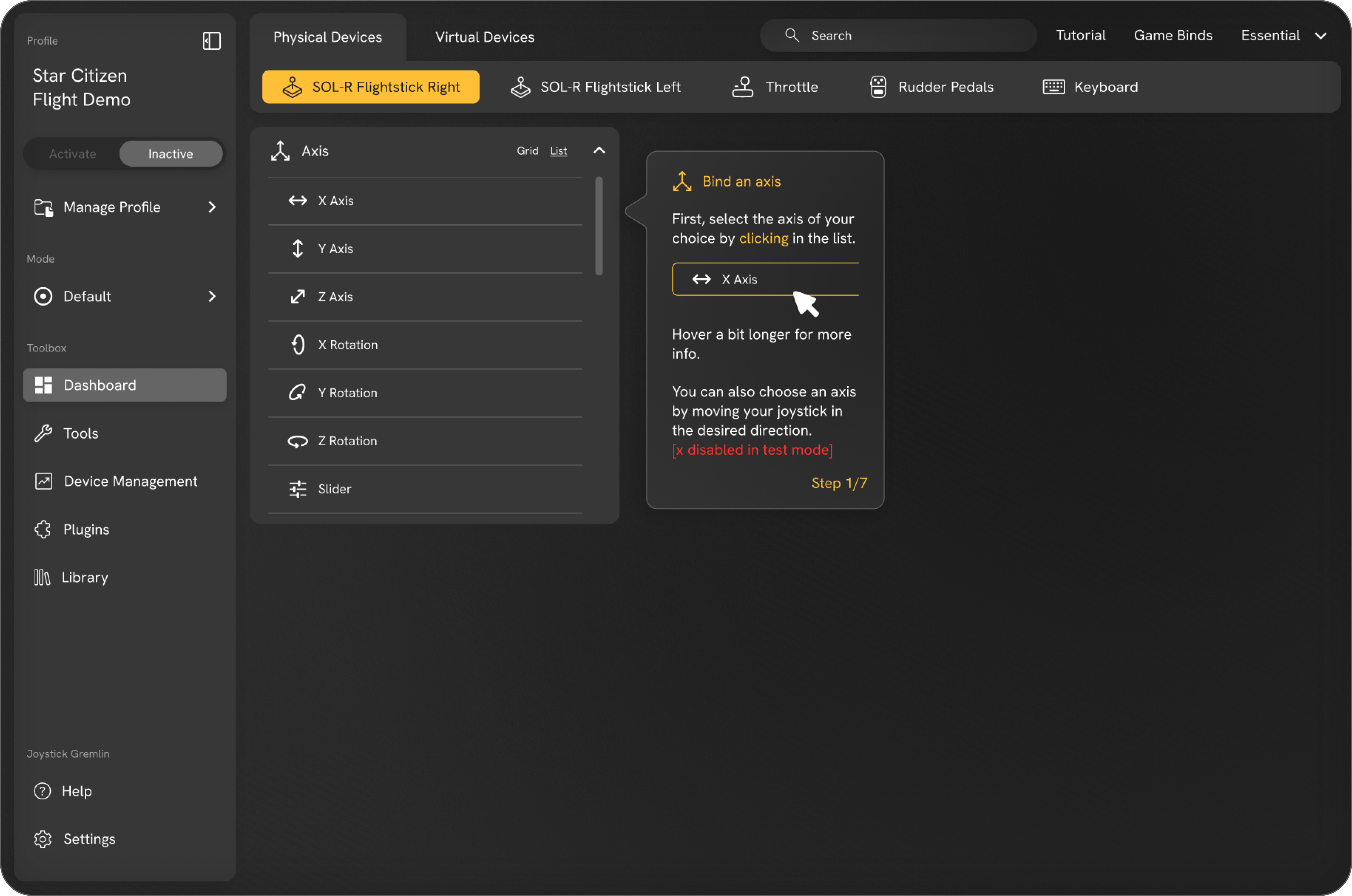 Début du tutoriel configuration des axes de vol