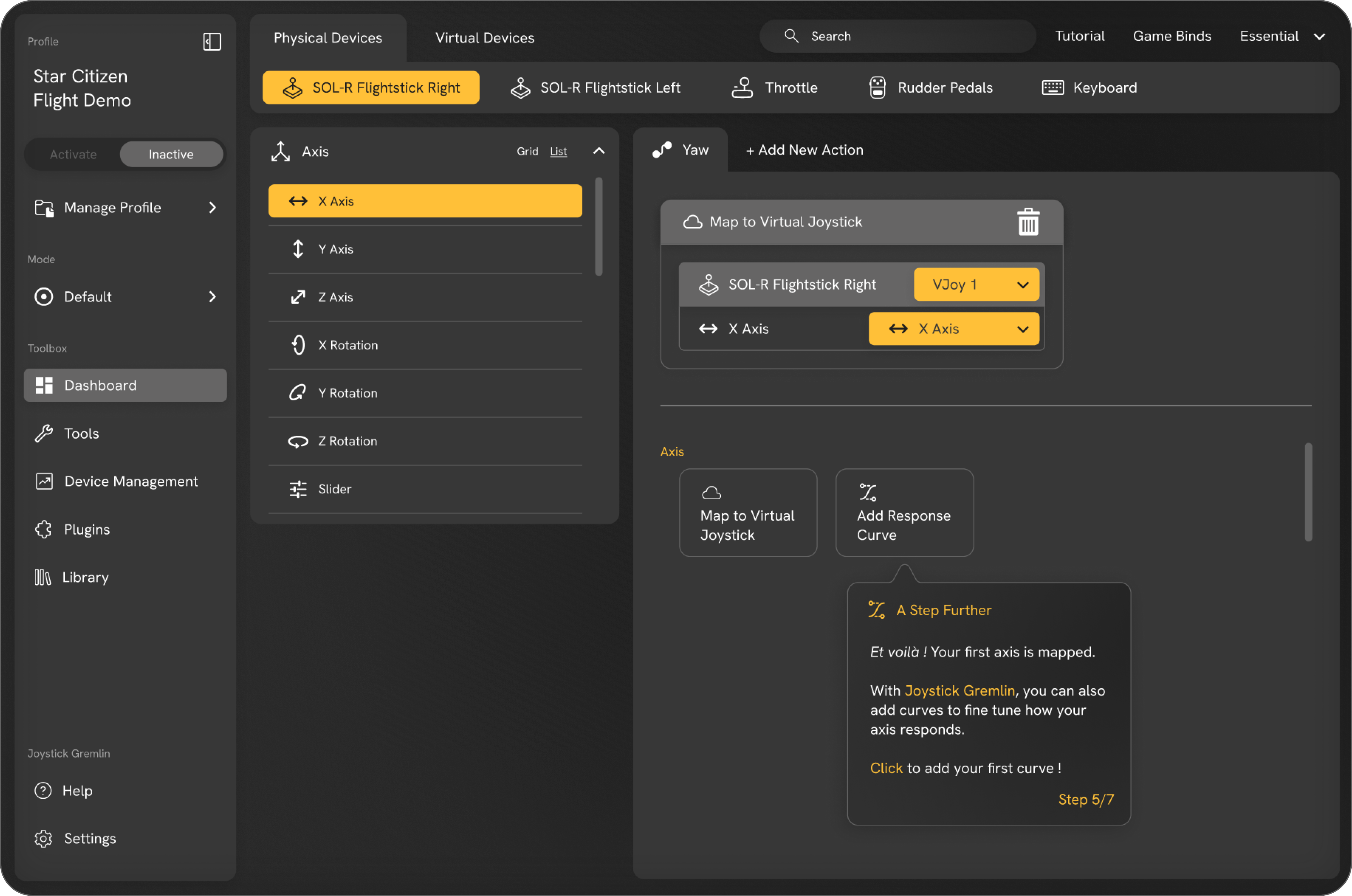 Tutoriel axes de vol lier l'axe physique à l'axe virtuel