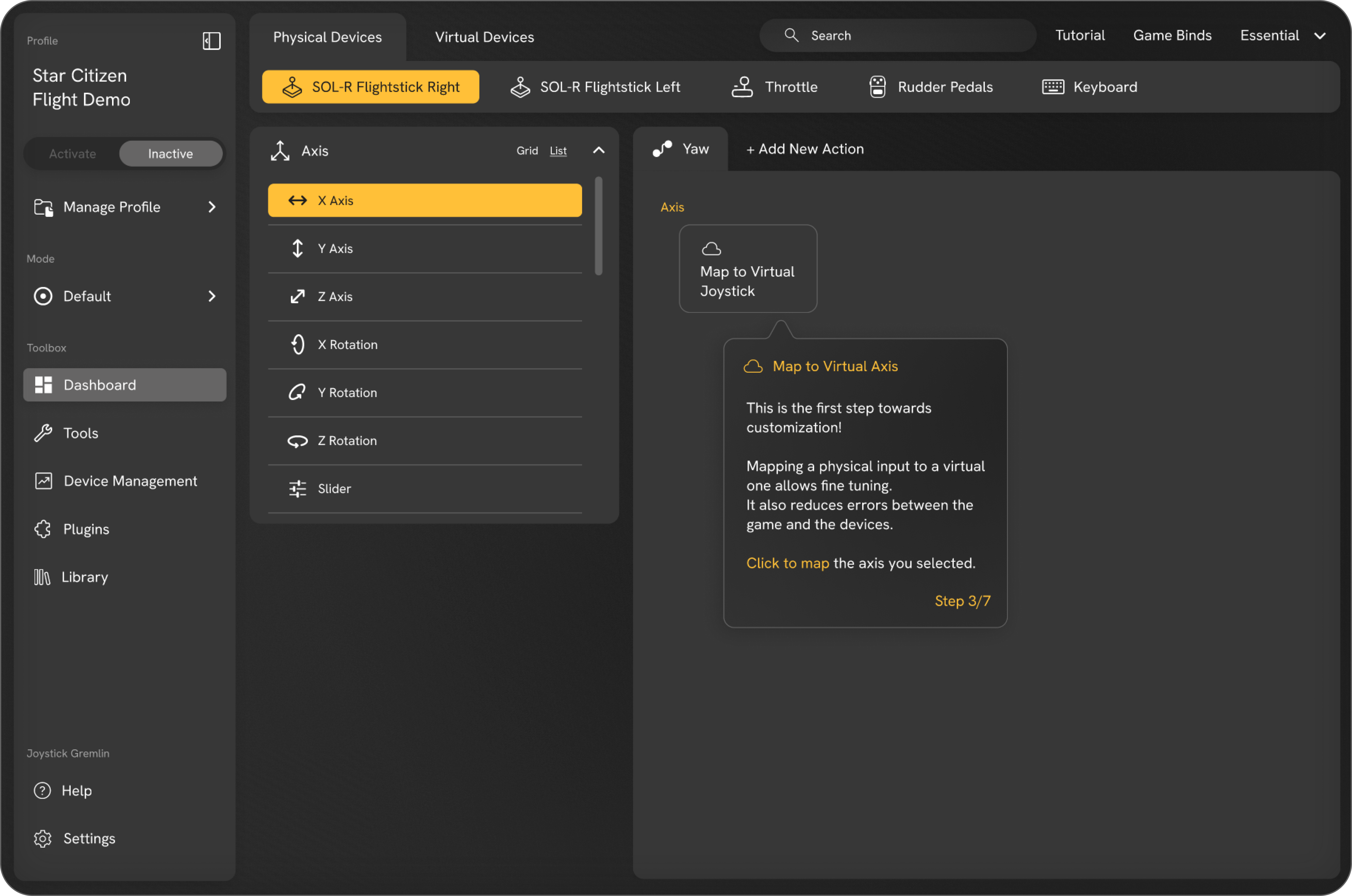 Tutoriel axes de vol choix d'une action pour l'axe choisi