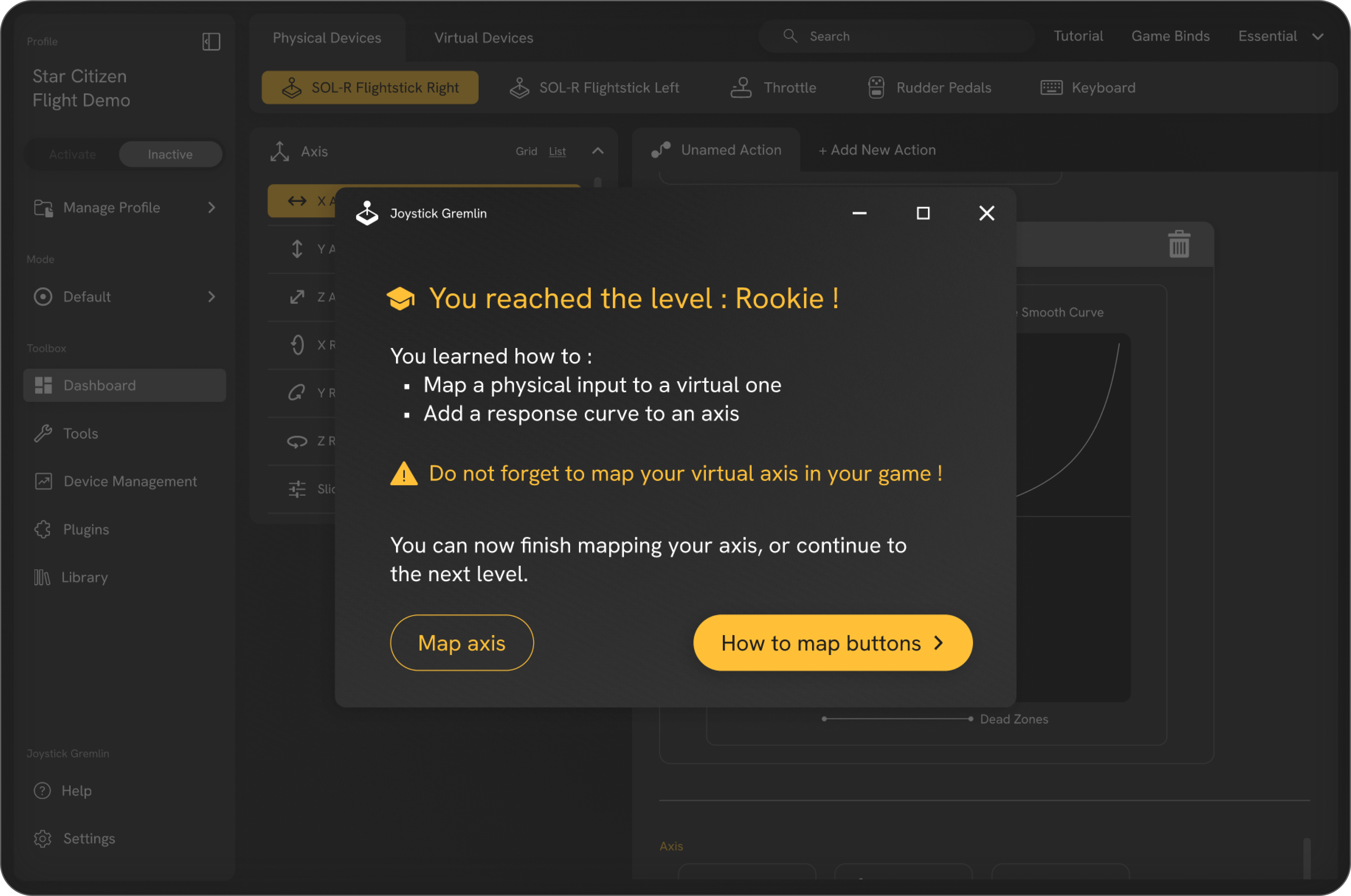 Fin du tutoriel de configuration des axes de vol