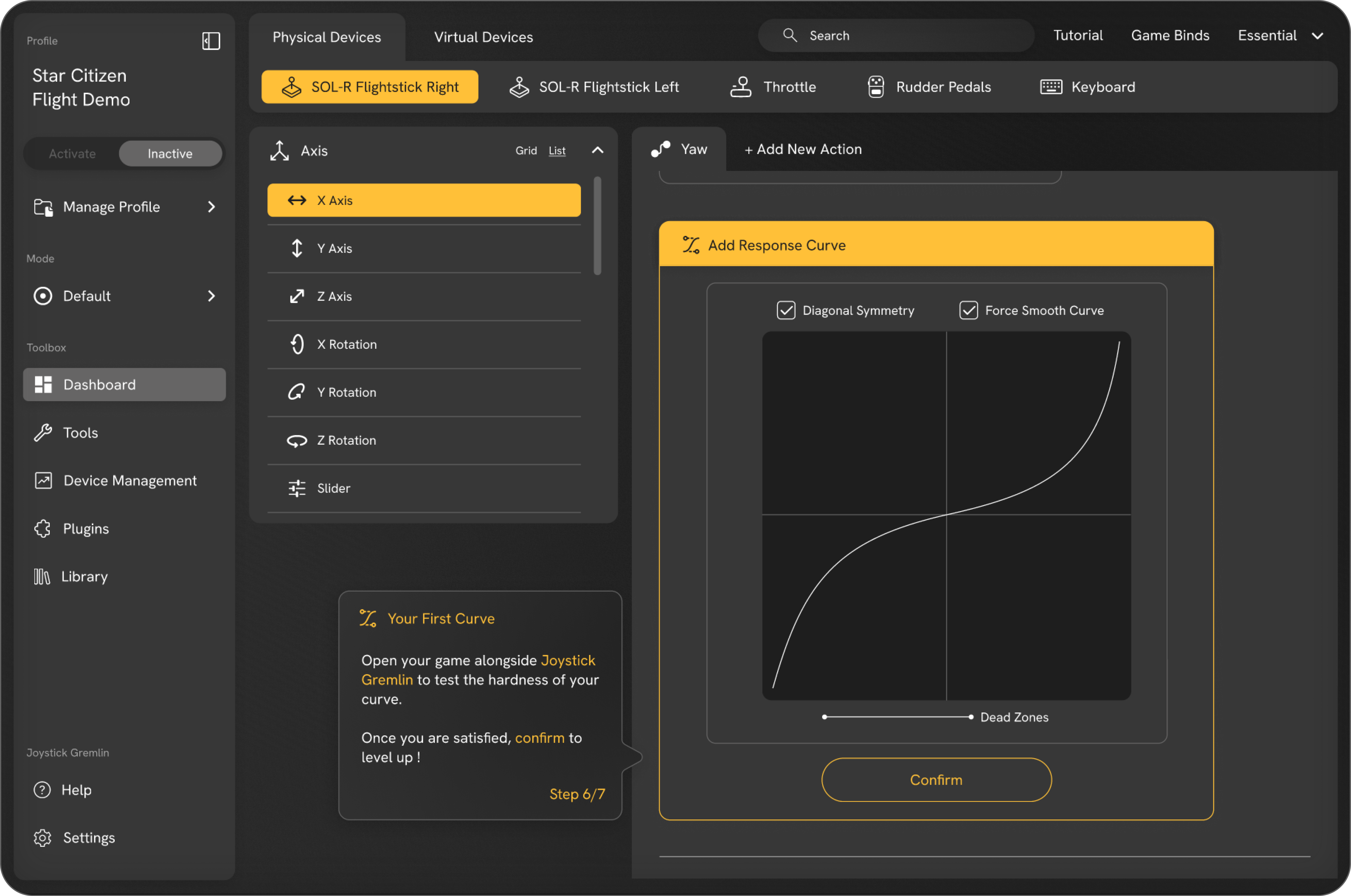 Tutoriel axes de vol configuration d'une courbe