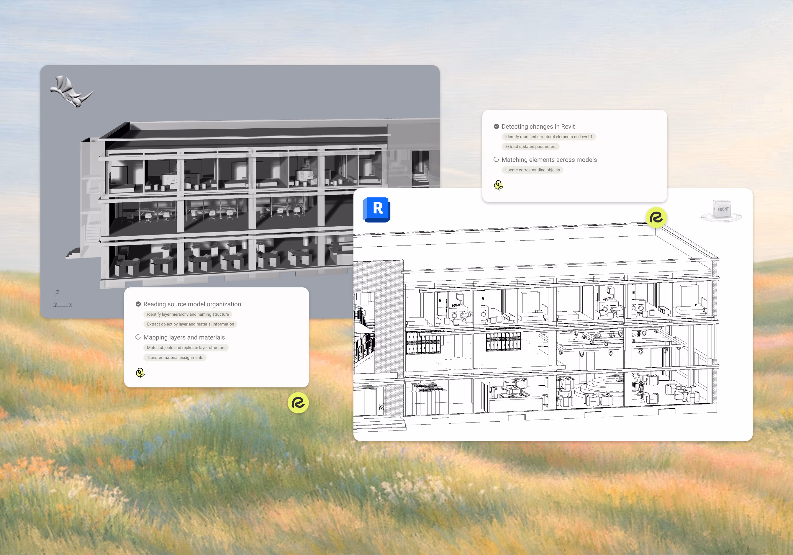 An AI agent working across a Rhino and Revit file.