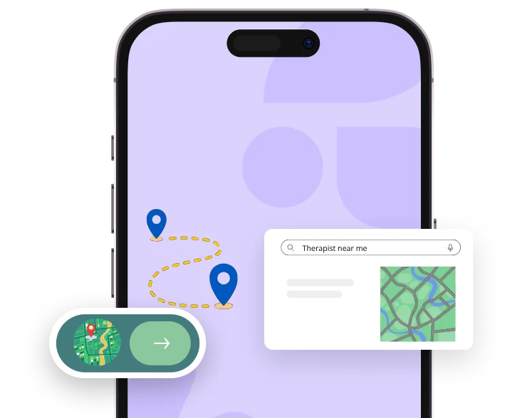 Smartphone screen showing map markers with a route and a search bar for 'Therapist near me' with a small map preview.