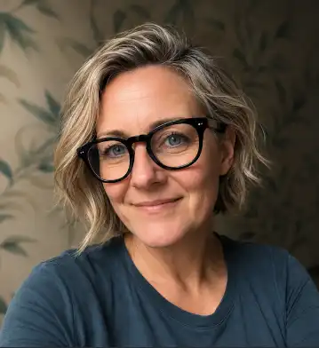 Smiling person with short gray hair and black glasses wearing a teal shirt against a neutral background.