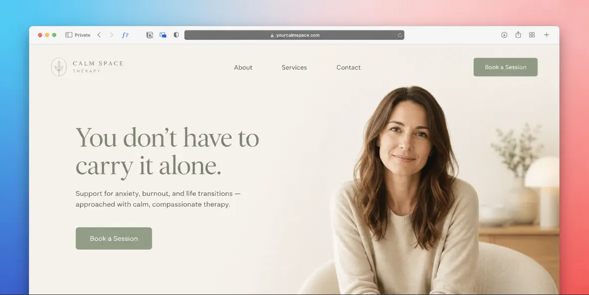 Website homepage of Calm Space Therapy with a smiling woman and text about support for anxiety and burnout.