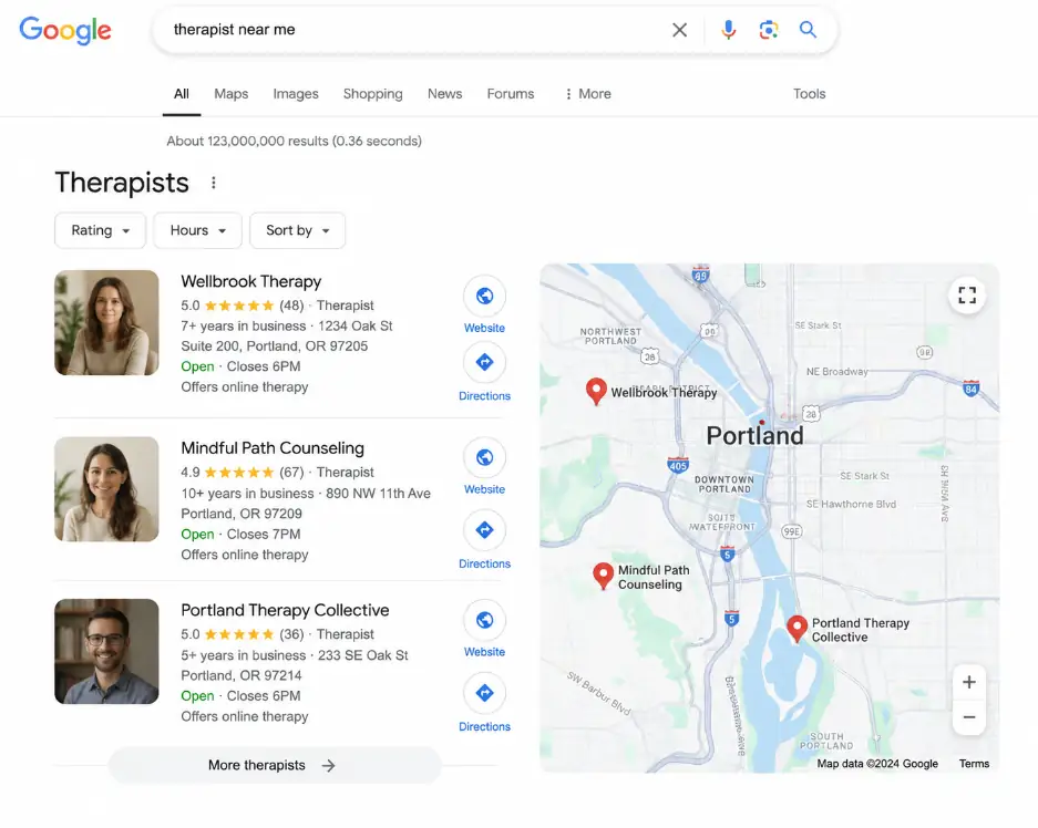 Google search for therapists near me with three Portland, OR listings and a map showing their locations.