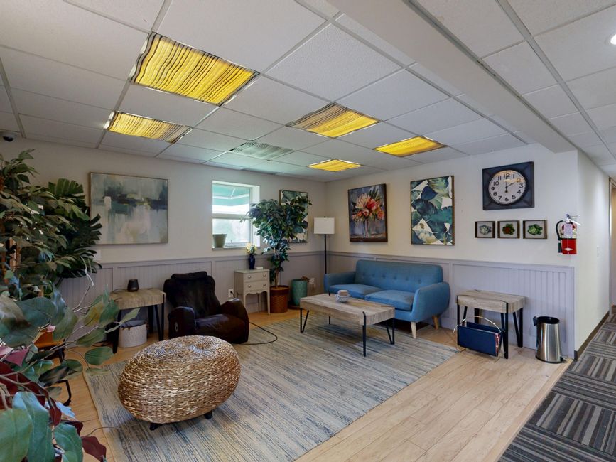 Close-up of a welcoming therapy office with two comfortable chairs, soft lighting, and plants, the kind of interior photo that belongs on a therapist's listing