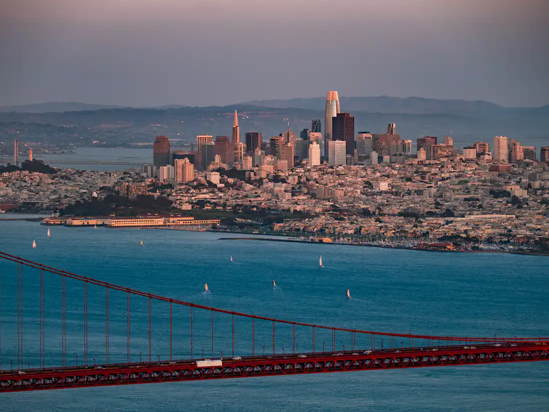San Francisco skyline and Golden Gate Bridge at dusk