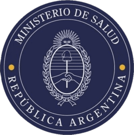Escudo oficial del Ministerio de Salud de la República Argentina con el sol y dos manos estrechándose dentro de una corona de laureles.
