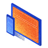 Isometric illustration of a desktop monitor displaying a blank orange screen and a smaller smartphone with a blue screen beside it.